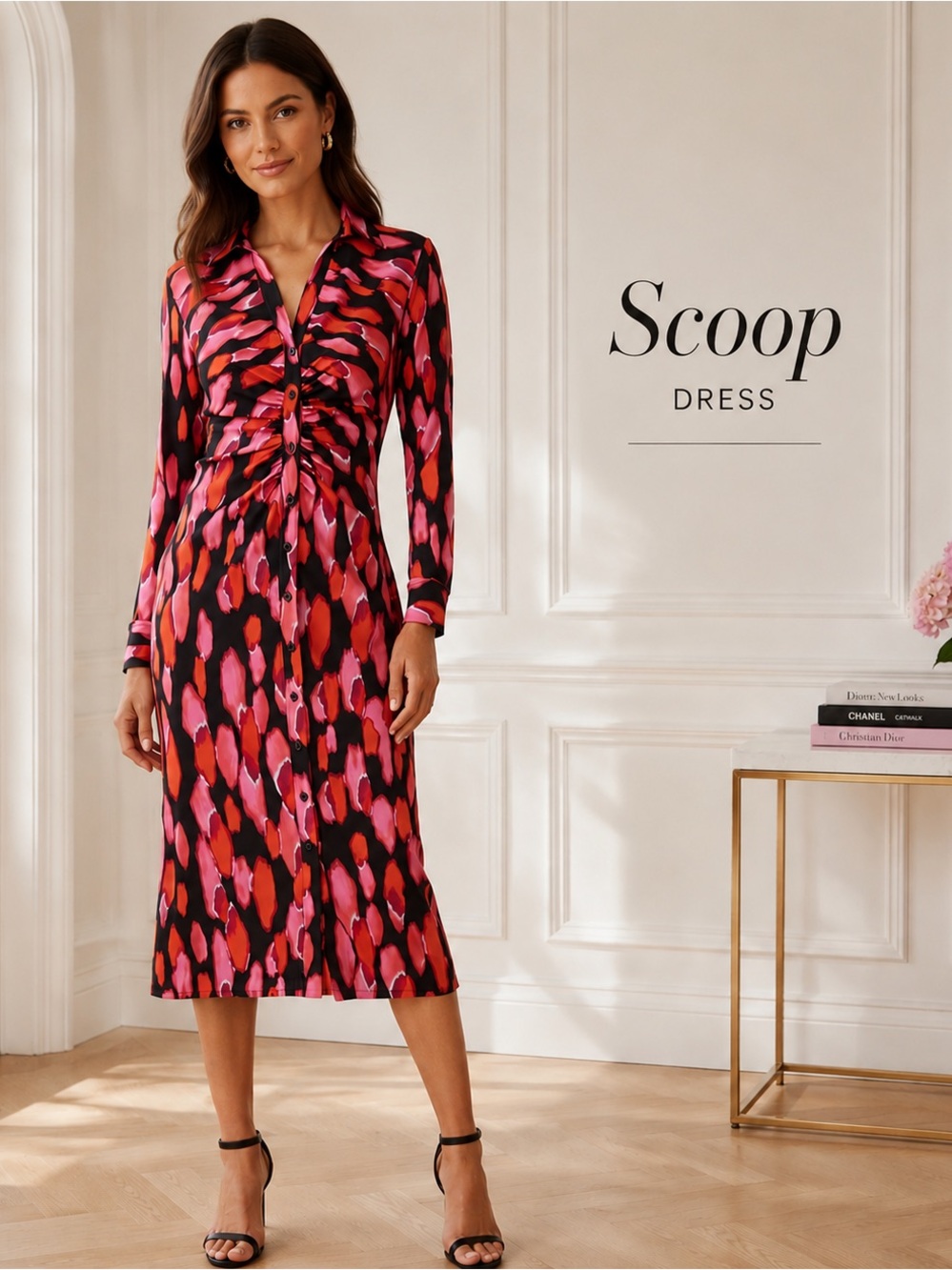 Ruched Long Sleeve Printed Dress in Pink & Red